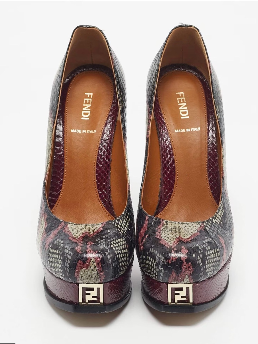Fendi Burgundy Multicolor Snakeskin Platform Pumps